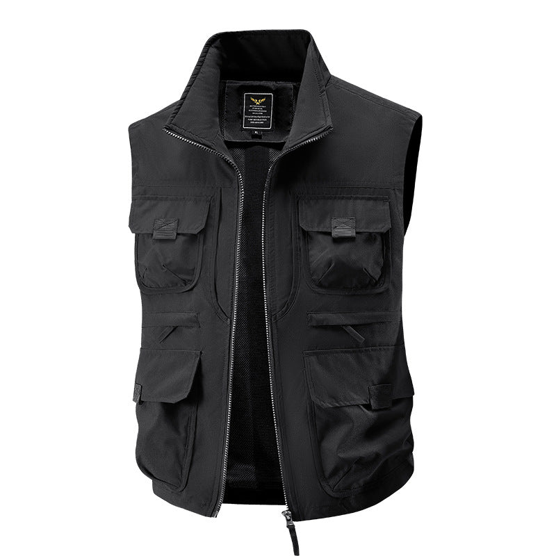 Men's Multi-Pocket Utility Vest with High Collar Two-Way Zipper & Mesh Lining Mune Fashion