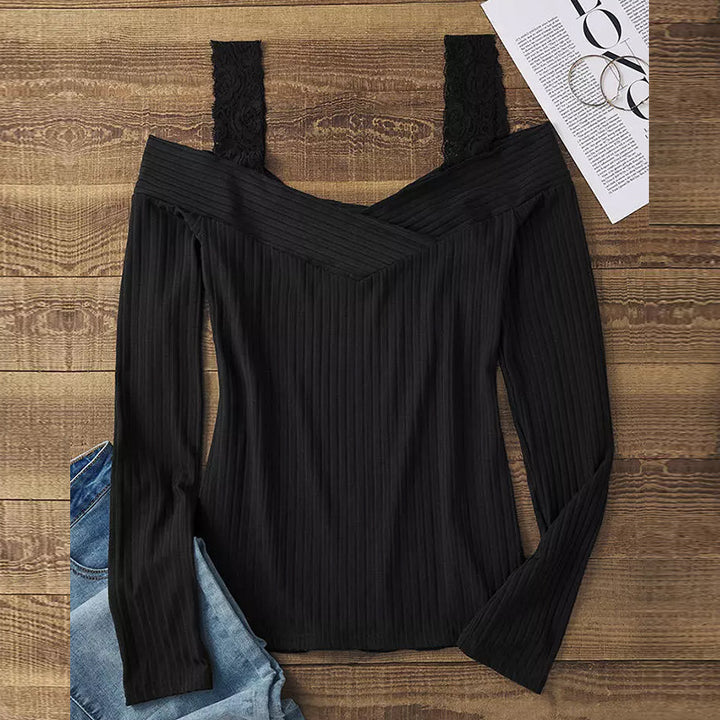 Women Off-Shoulder Long Sleeve Shirt with V-Neck and Lace Straps Mune Fashion