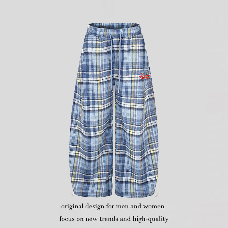 Women's Wide Check Palazzo Lounge Pants with High Comfort Waistband and Hem Drawstring