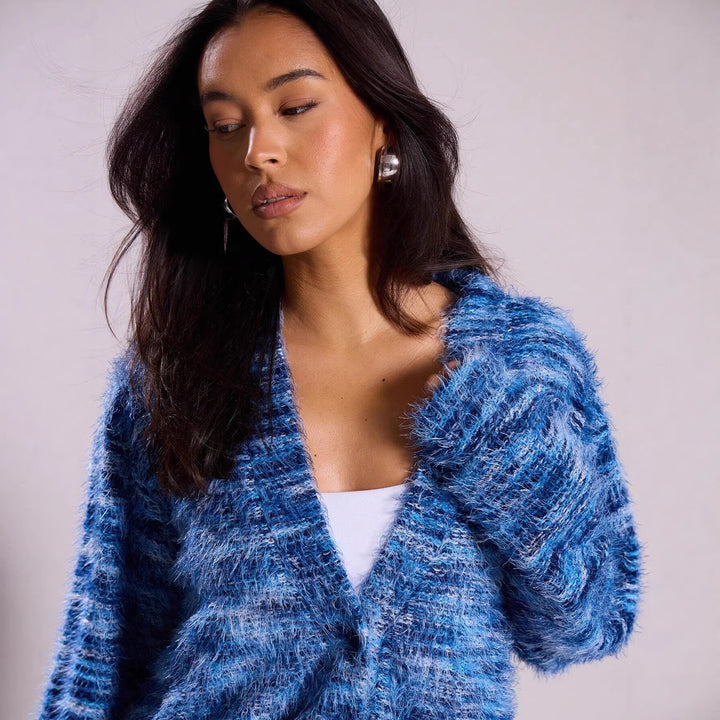 Women's Oversize Fuzzy Sweater with Wide Carmen Neckline and Mélange Knit Structure Mune Fashion