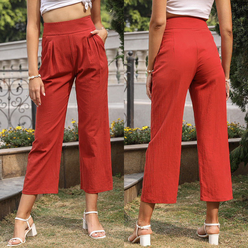 Women High-Waisted Culotte Pants with Wide Legs, Pleats & Side Pockets Mune Fashion
