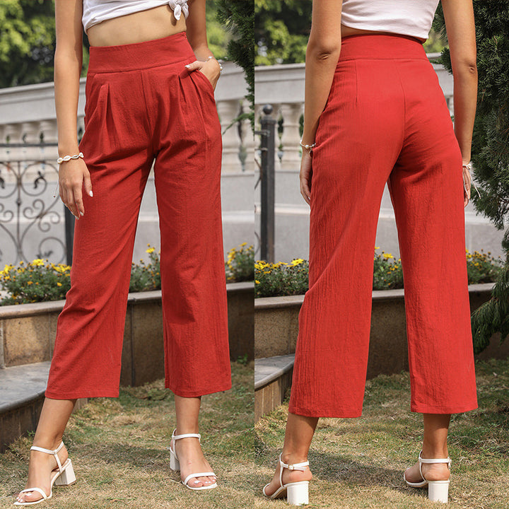 Women High-Waisted Culotte Pants with Wide Legs, Pleats & Side Pockets Mune Fashion