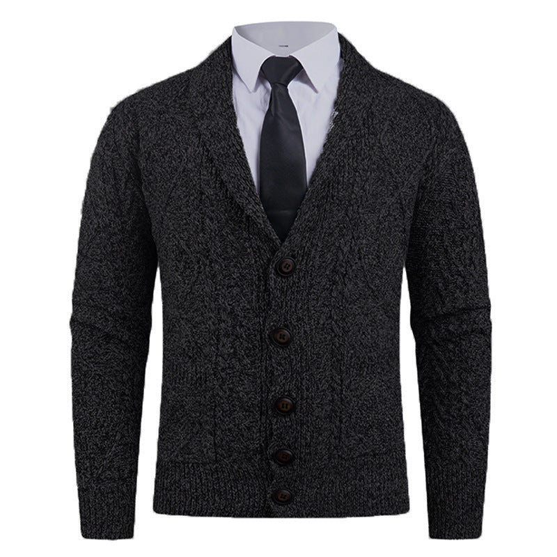 Men's knitted cardigan with shawl collar, cable pattern, patch pockets, and button placket Mune Fashion