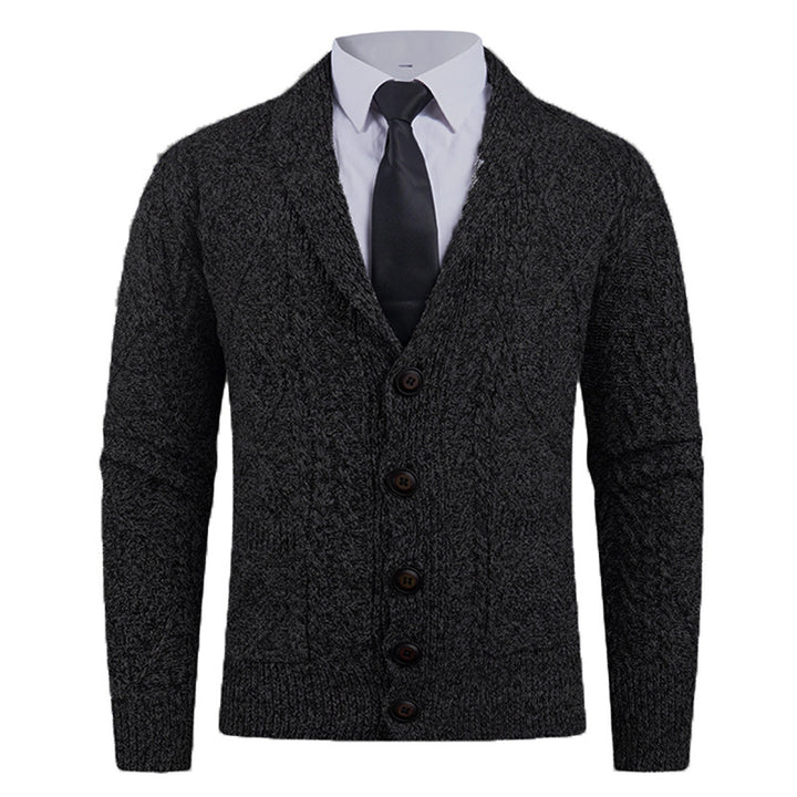 Men's knitted cardigan with shawl collar, cable pattern, patch pockets, and button placket Mune Fashion