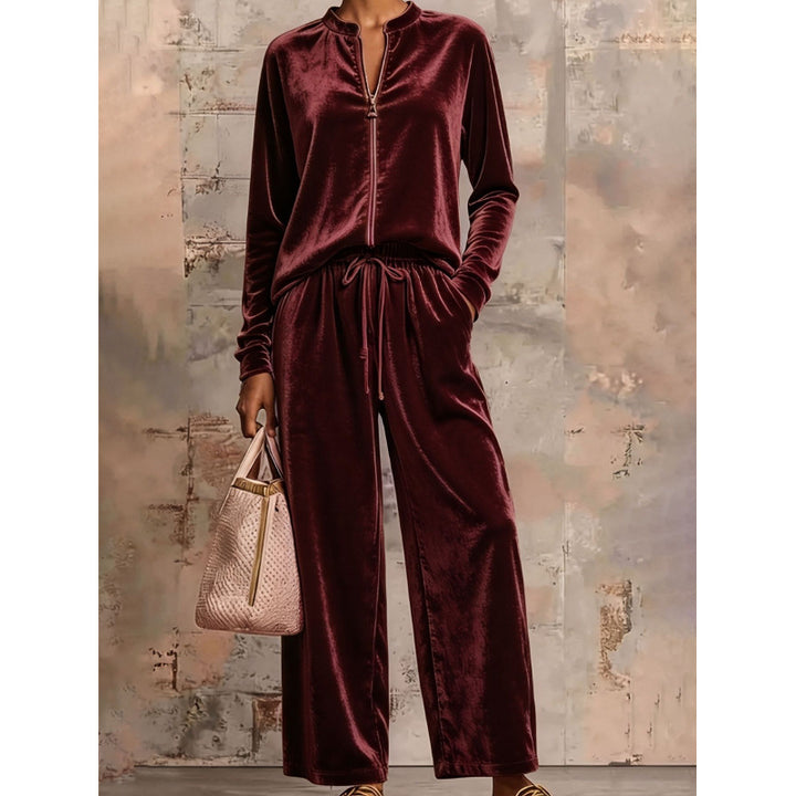 Women's Velvet Lounge Set with Stand Collar, Half Zipper and Wide Palazzo Pants Mune Fashion