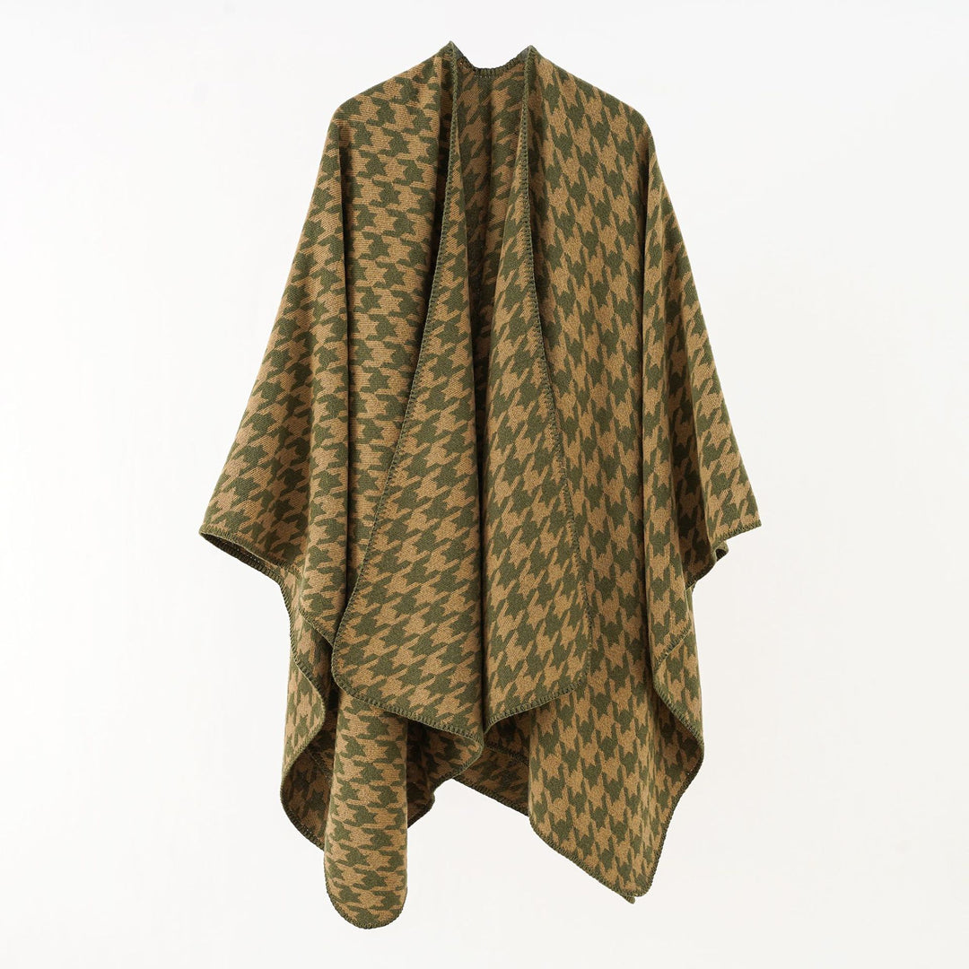 Women's knitted cape-style wrap with graphic houndstooth and decorative chain edge Mune Fashion