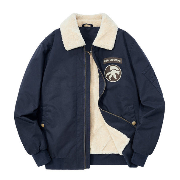 Men's pilot jacket with teddy lining, embroidered patches, and canvas outer fabric Mune Fashion