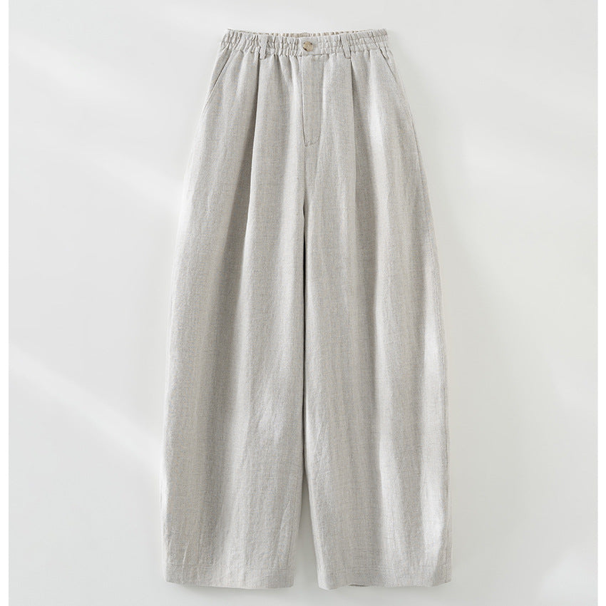 Women's Wide Linen Look Trousers with High Elastic Waistband, Pleats and Straight Leg Mune Fashion