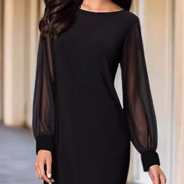 Women's elegant sheath dress with transparent chiffon sleeves, round neckline, and tailored silhouette Mune Fashion