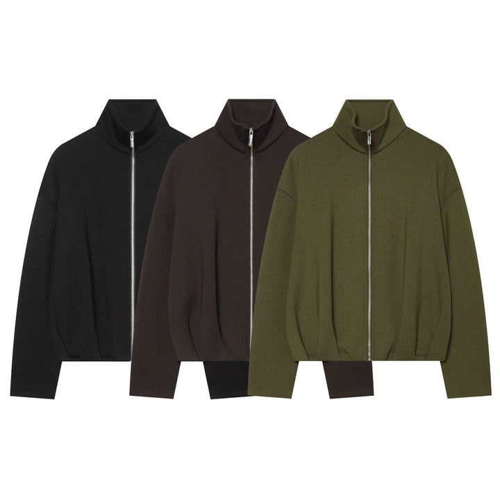 Women's cropped sweat jacket with high stand-up collar, full-length zipper and tailored drawstring hem Mune Fashion