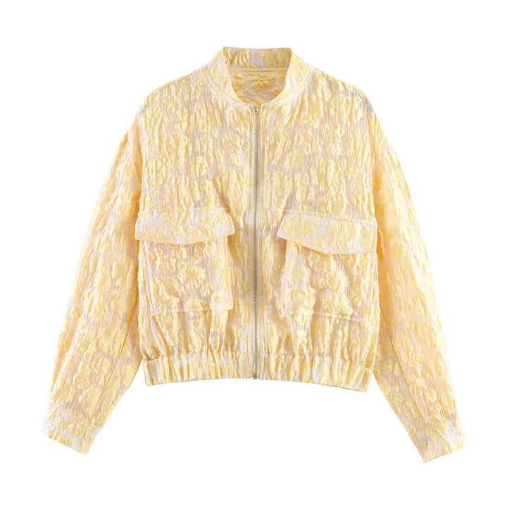 Women Short-Cut Bomber Jacket with Textured Fabric, Large Flap Pockets and Elastic Hem Mune Fashion