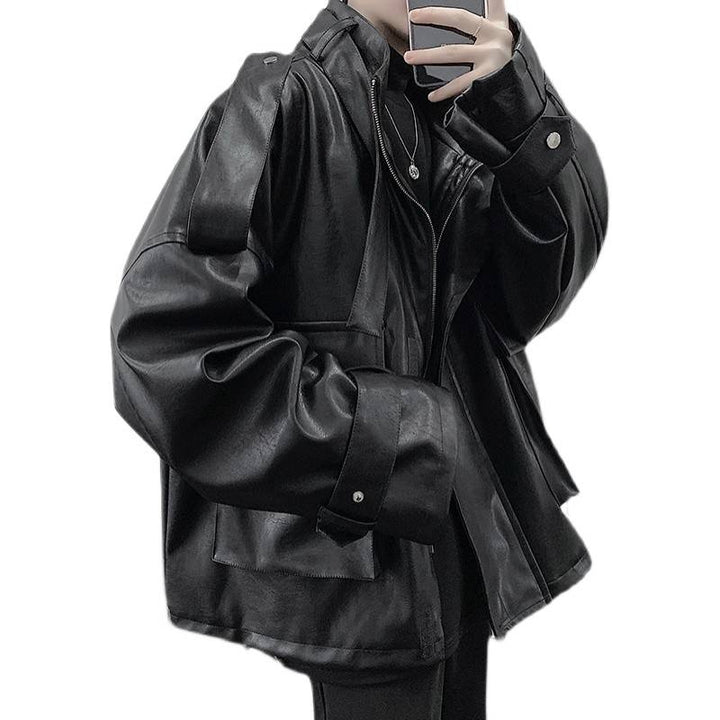 Men's Loose-Fit Faux Leather Jacket with Hood, Utility Pockets and Adjustable Cuffs Mune Fashion
