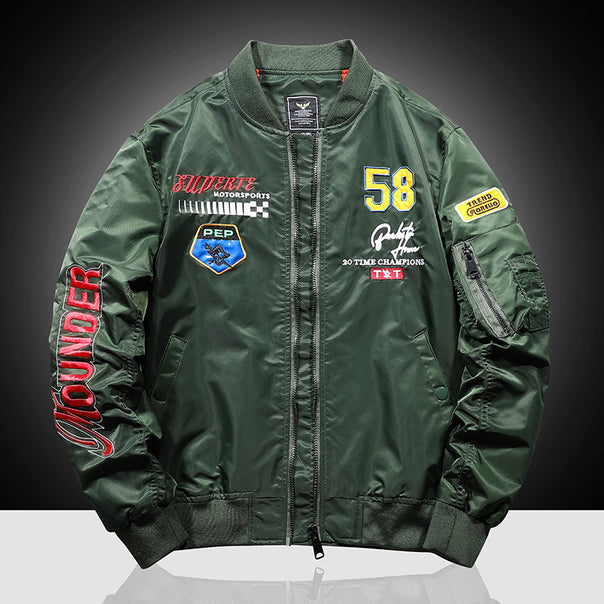 Men's Patch-Embellished Pilot Bomber Jacket made of Nylon with Arm Pocket and Ribbed Cuffs Mune Fashion