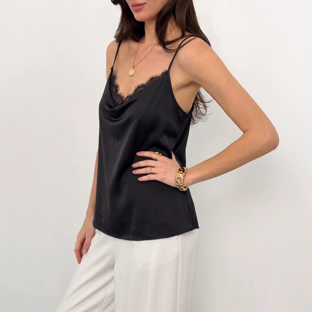 Women's lightly flowing satin spaghetti strap top with lace edge and waterfall neckline Mune Fashion