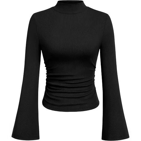 Women's Ribbed Long Sleeve Top with Stand-Up Collar, Trumpet Sleeves, and Fitted Cut Mune Fashion