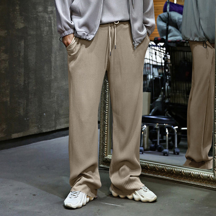 Men's Casual Ribbed Relaxed Pants with Wide Leg, Drawstring & Side Pockets