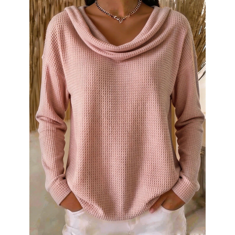 Women Casual Waffle Knit Sweater with Wide Waterfall Collar and Rounded Hem Mune Fashion