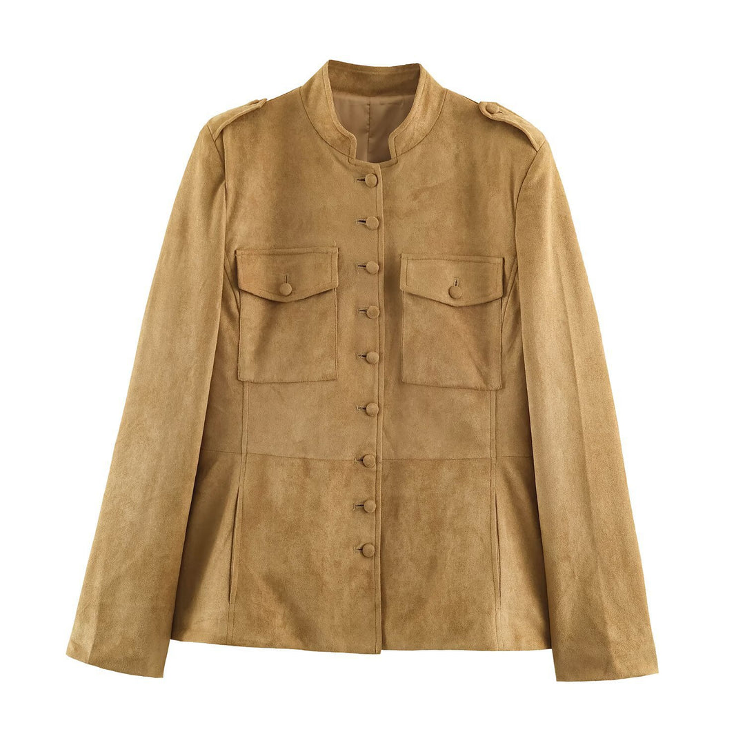 Women's Tailored Velour Jacket in Field Style with Stand-Up Collar and Chest Flaps Mune Fashion