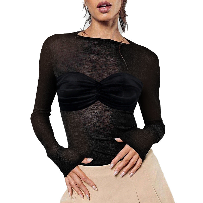 Women's Transparent Mesh Crop Top with Long Sleeves and Ruched Bustier Look Mune Fashion