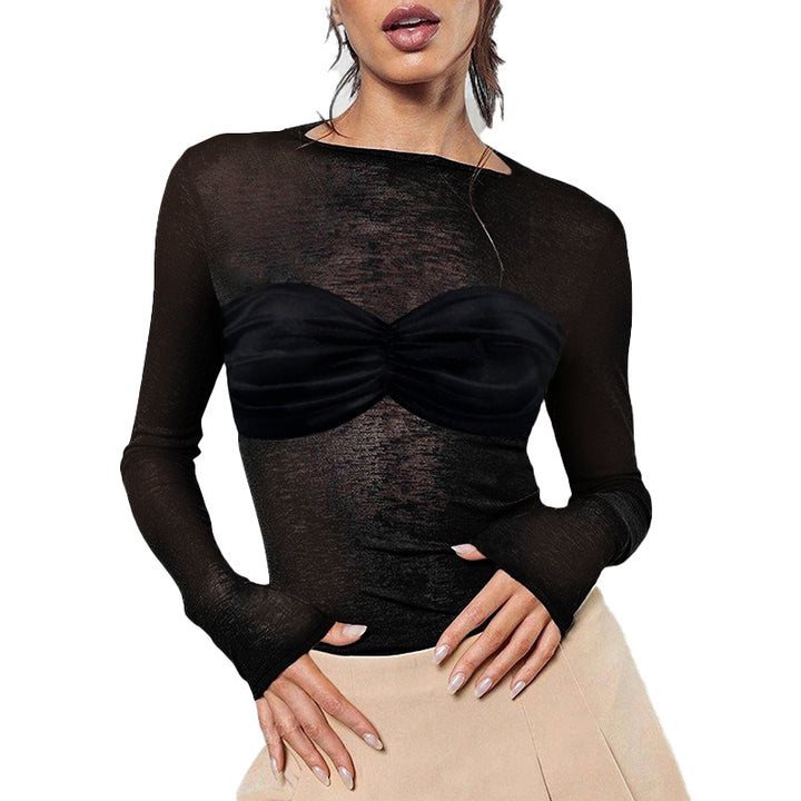 Women's Transparent Mesh Crop Top with Long Sleeves and Ruched Bustier Look Mune Fashion