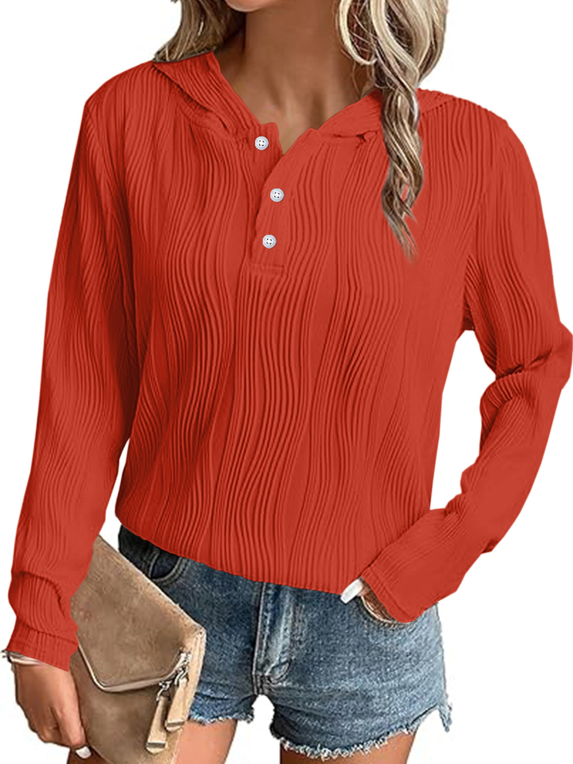 Women's Ribbed Hooded Henley Shirt with Button Placket and Light Texture Mune Fashion