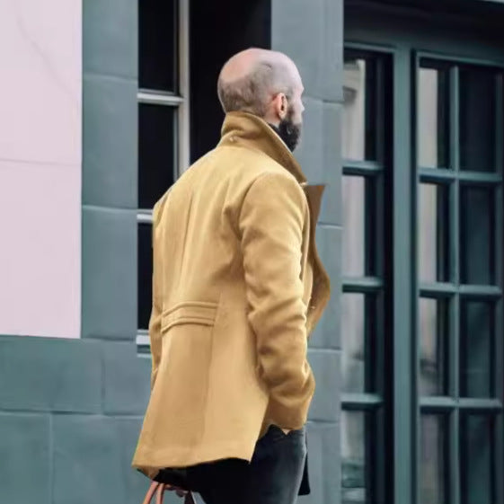 Men's Double-Breasted Wool Coat with High Stand Collar and Tailored Silhouette Mune Fashion
