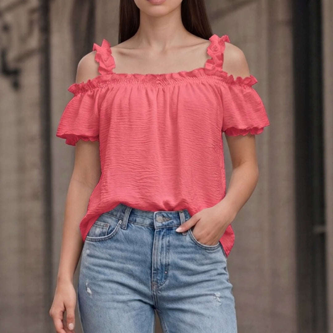 Women's Off-Shoulder Crinkle Top with Smocked Bandeau, Ruffled Straps and Wing Sleeves Mune Fashion