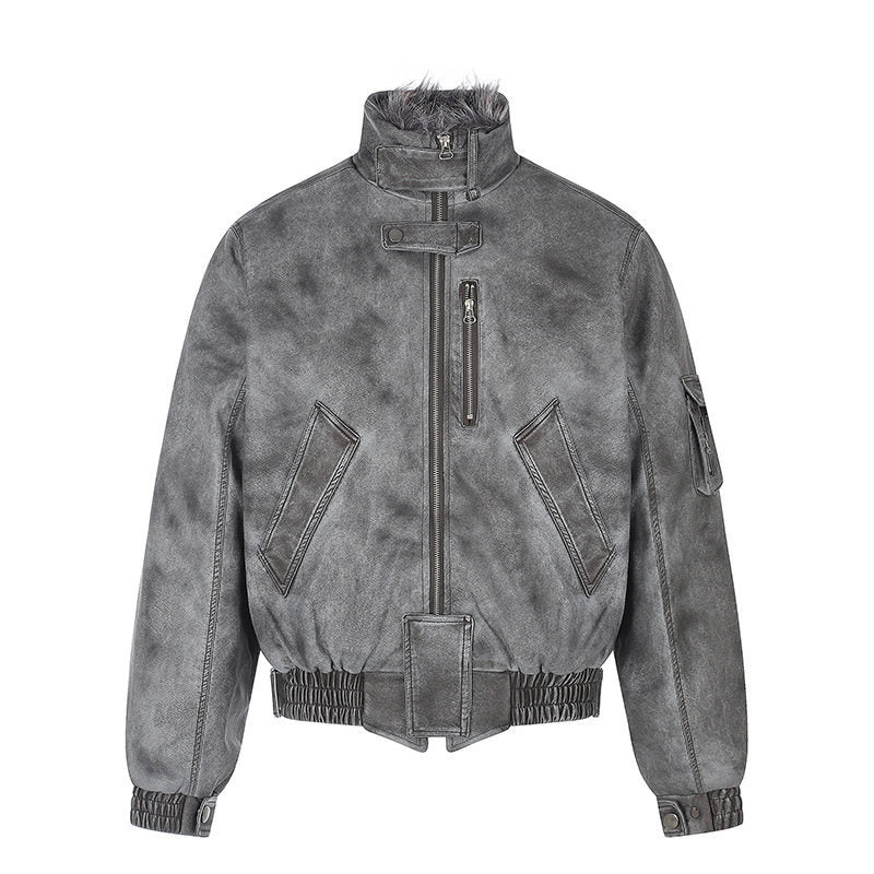 Men's padded pilot jacket in bomber style with high collar, faux fur trim, and waist belt Mune Fashion