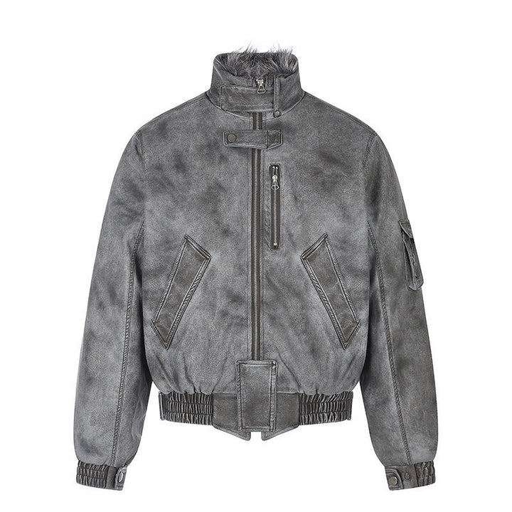 Men's padded pilot jacket in bomber style with high collar, faux fur trim, and waist belt Mune Fashion