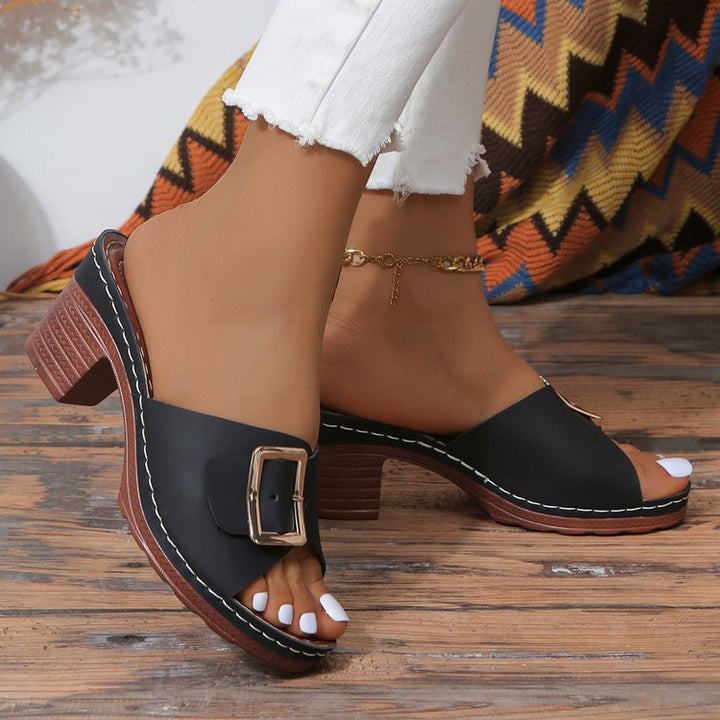 Damen Offene Slip-On Mules mit mittelhohem Blockabsatz und großer Zierschnalle Mune Fashion