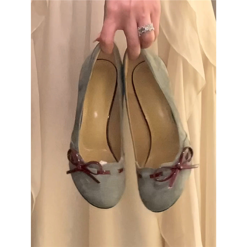 Ladies Elegant Suede Pumps with Bow Appliqué and Sculpted Stiletto Heels Mune Fashion