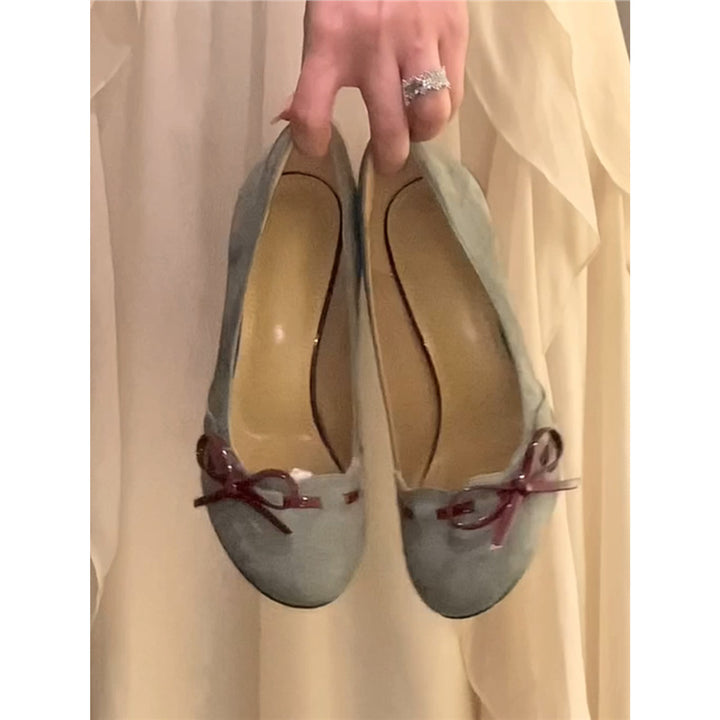 Ladies Elegant Suede Pumps with Bow Appliqué and Sculpted Stiletto Heels Mune Fashion