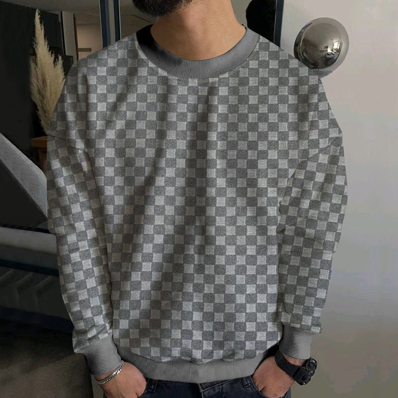 Men's Structured Cotton Sweatshirt with Checked Pattern and Round Neck Mune Fashion