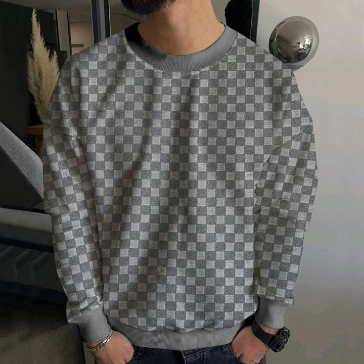 Men's Structured Cotton Sweatshirt with Checked Pattern and Round Neck Mune Fashion