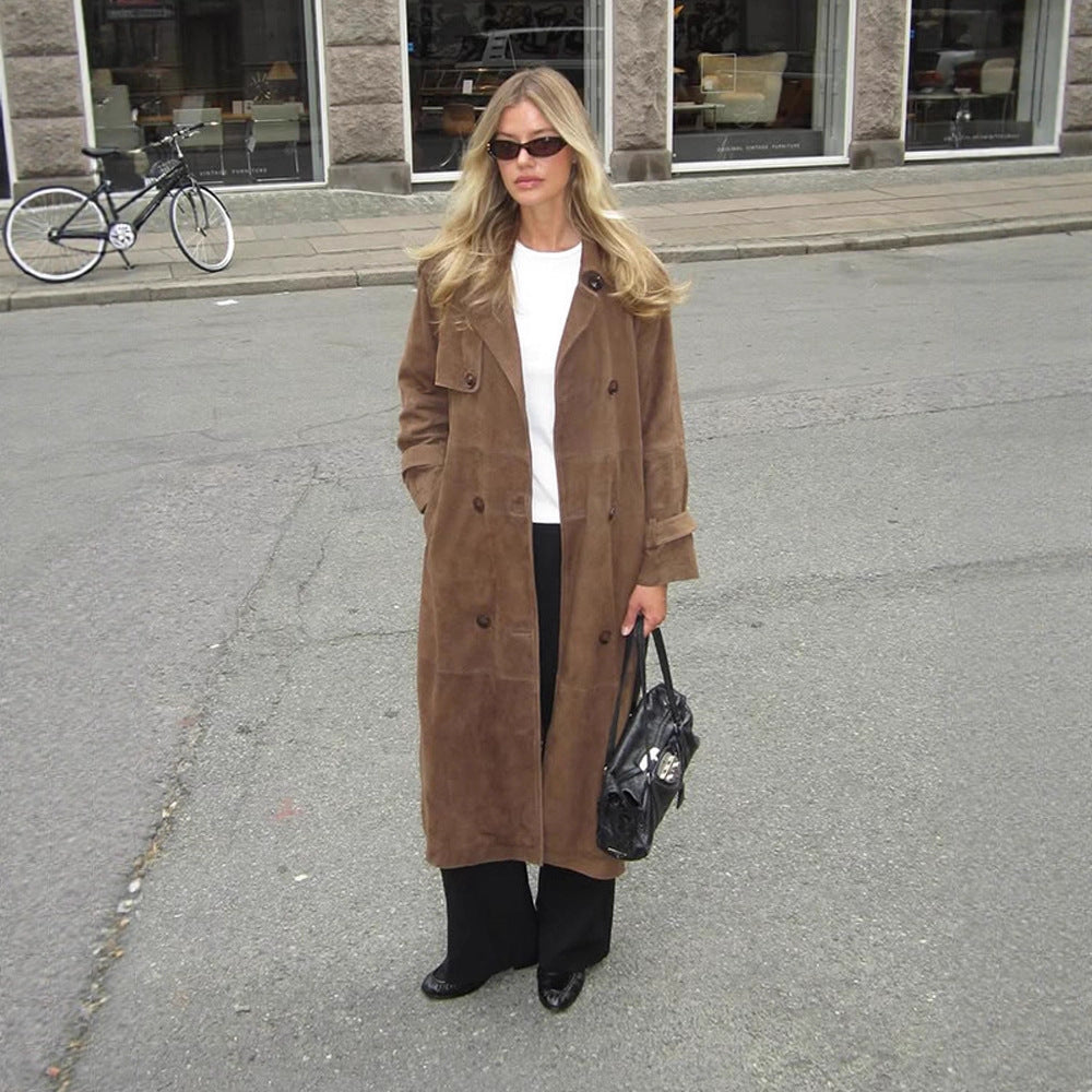 Women's Long Suede Trench Coat with Double-Breasted Buttons Mune Fashion