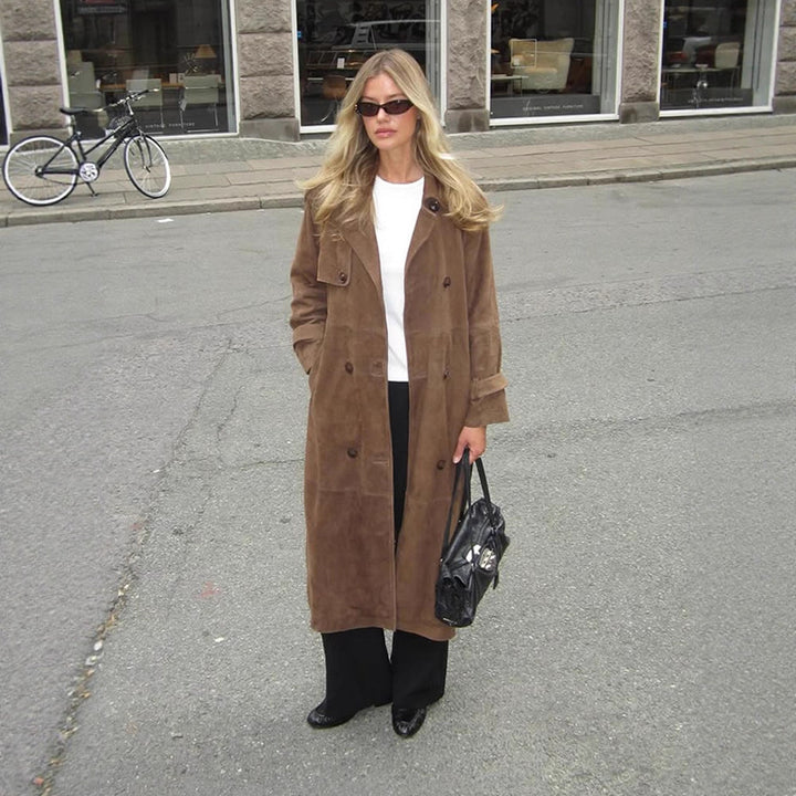 Women's Long Suede Trench Coat with Double-Breasted Buttons Mune Fashion