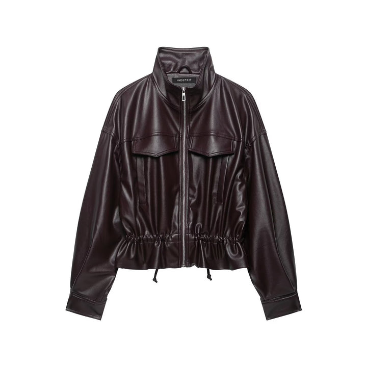 Women's cropped faux leather bomber jacket with drawstring waist Mune Fashion