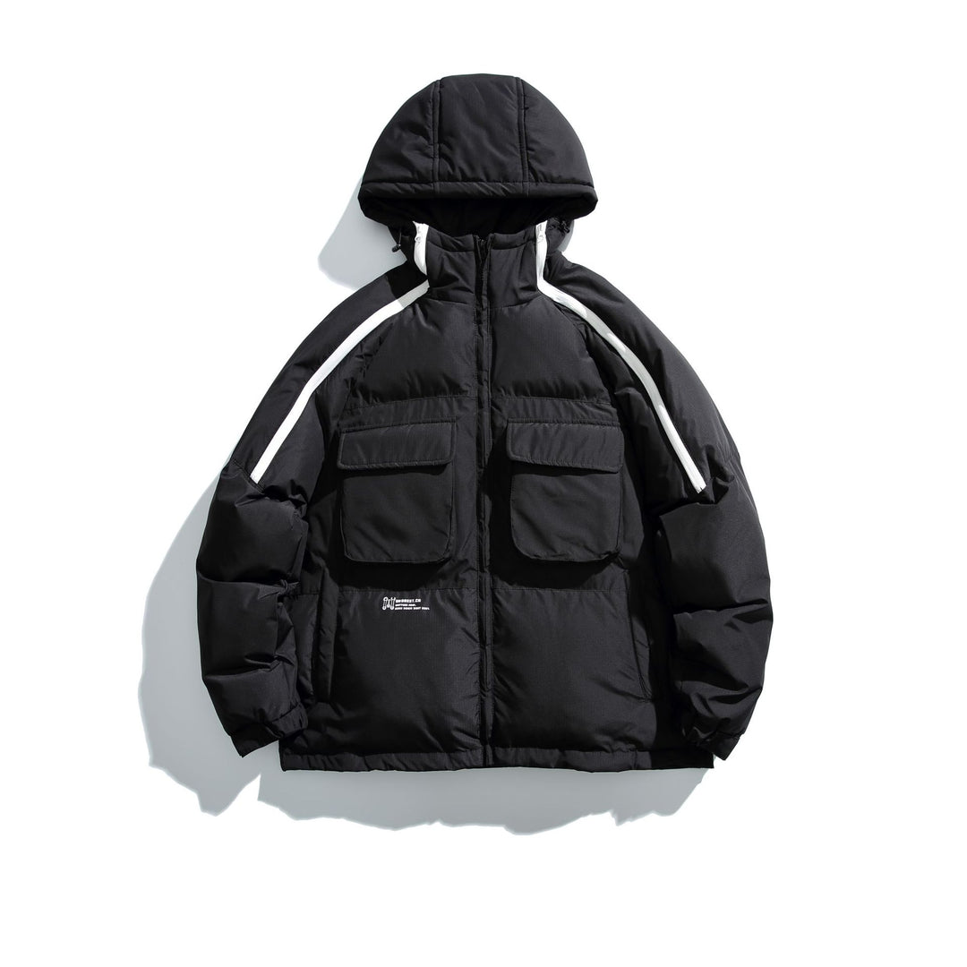 Unisex Short Cut Boxy Puffer with Hood, Contrast Stripes and Large Flap Pockets Mune Fashion