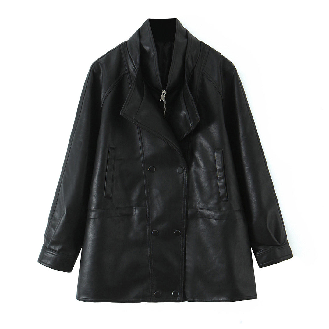 Women's Oversized Faux Leather Jacket with High Standing Collar and Double-Breasted Button Placket Mune Fashion