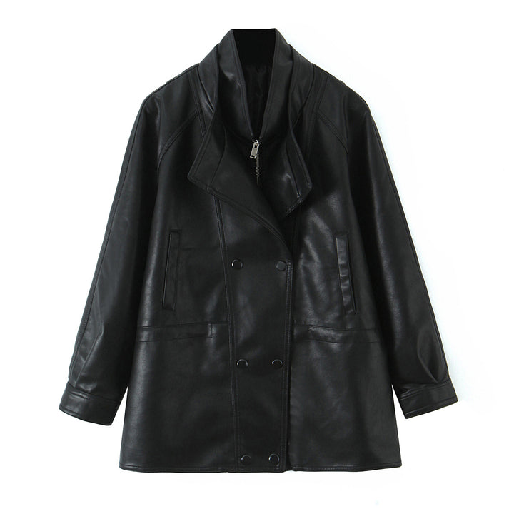 Women's Oversized Faux Leather Jacket with High Standing Collar and Double-Breasted Button Placket Mune Fashion