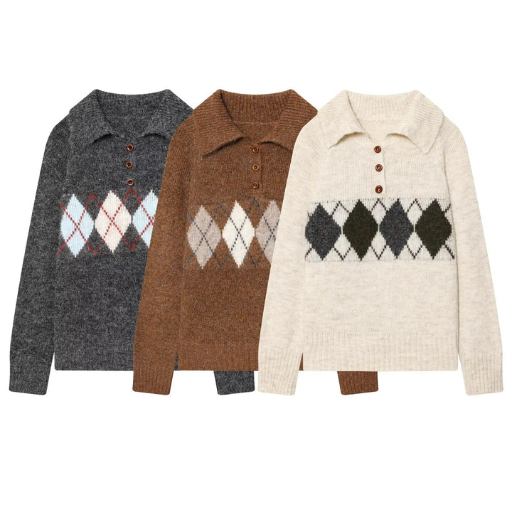 Women Chunky Knit Sweater with Polo Collar, 3-Button Placket and Argyle Decor Mune Fashion