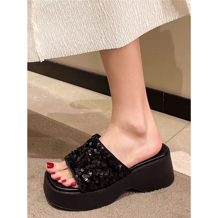 Women's Platform Mules with Sparkling Sequin Upper and Ergonomic Wedge Sole Mune Fashion