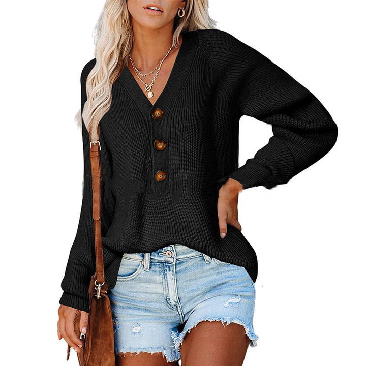 Women's Ribbed Knit Sweater with V-Neck, Decorative Button Placket and Balloon Sleeves Mune Fashion
