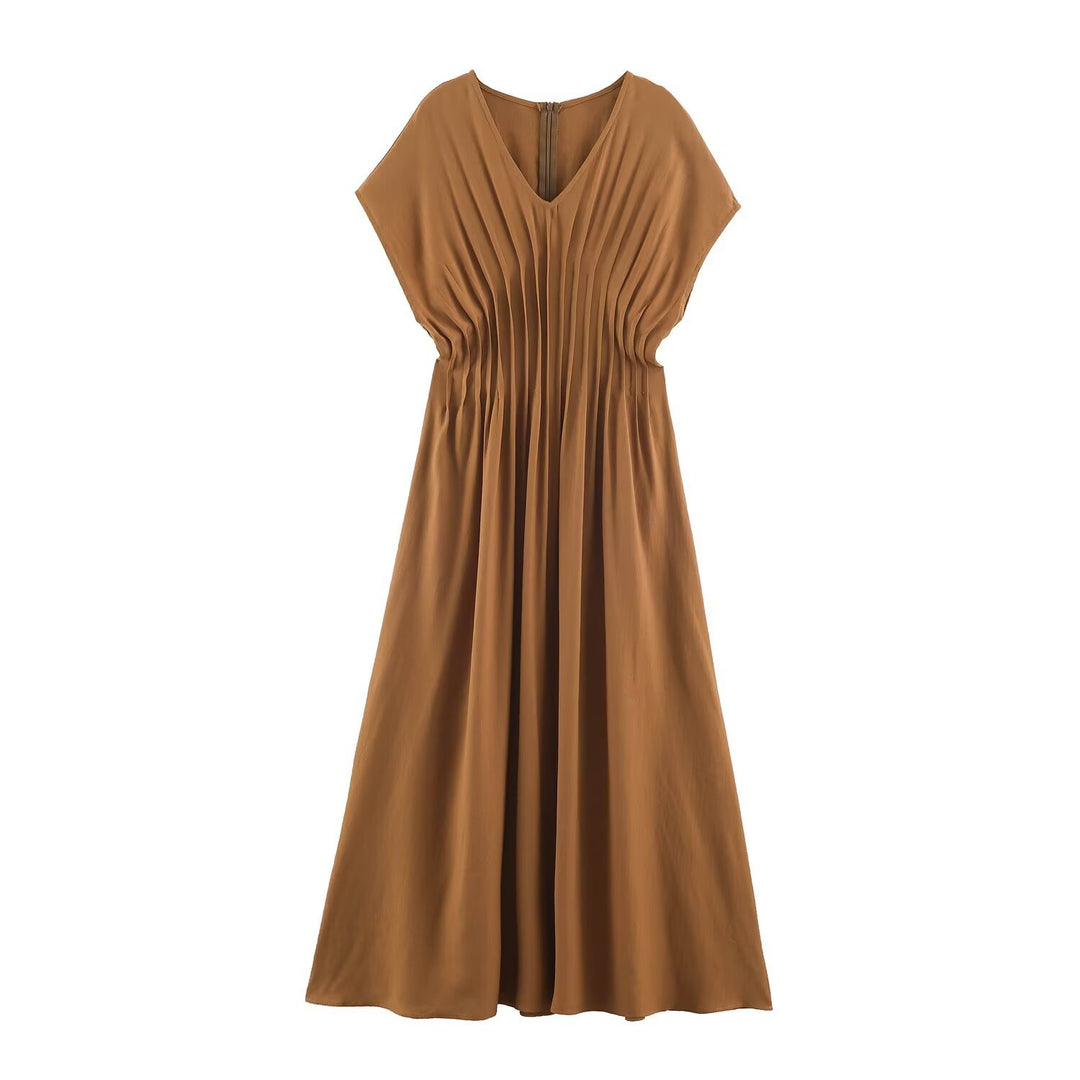 Ladies Pleated Midi Dress with V Neck and Tailored Silhouette Mune Fashion
