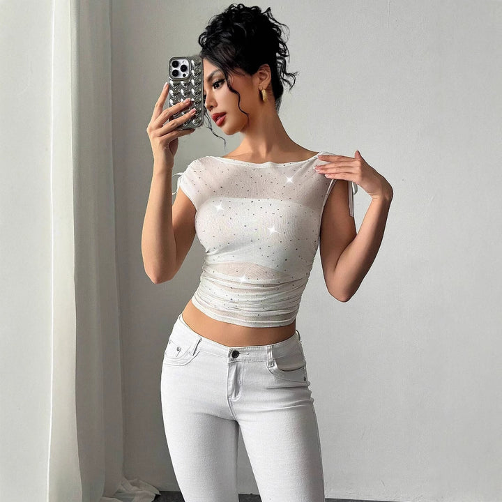 Women's transparent net top with sparkling glitter stones, shoulder knot and waist gathering Mune Fashion