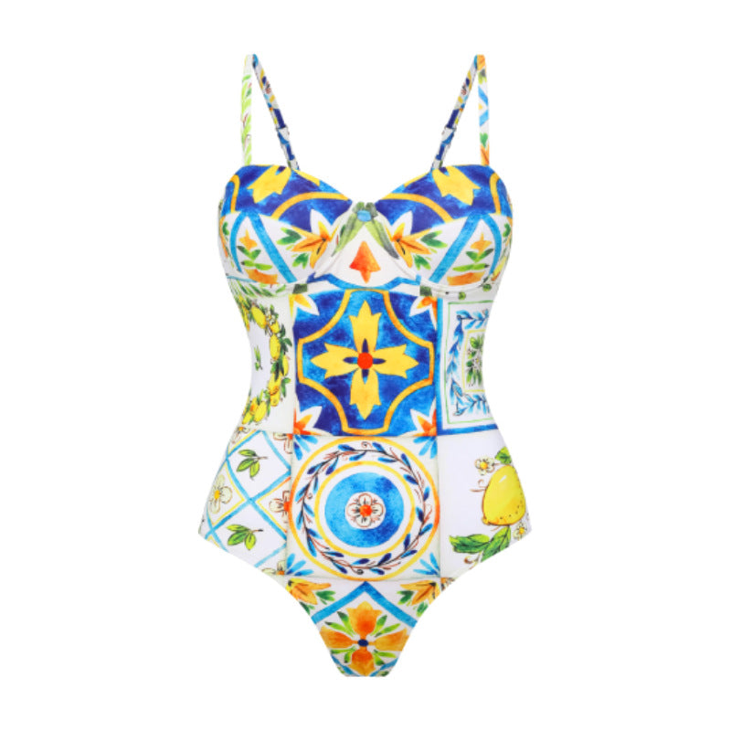 Women's One-Sided Ruffle Swimsuit with Floral Pattern Mune Fashion