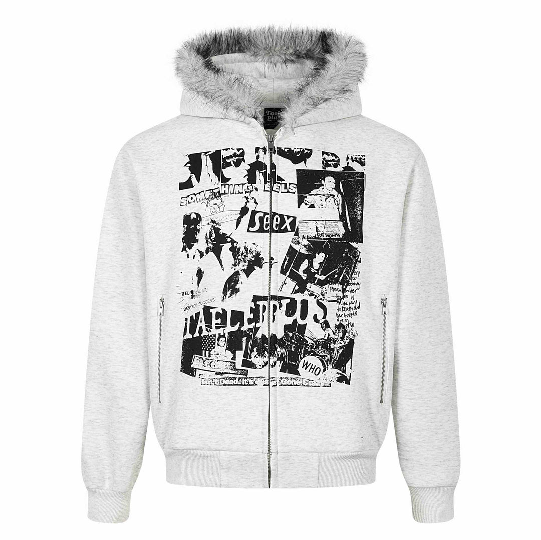 Women's hooded sweatshirt jacket with artificial fur trim, front zip and collage print Mune Fashion