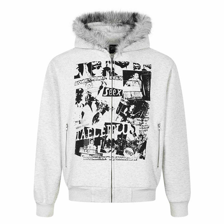 Women's hooded sweatshirt jacket with artificial fur trim, front zip and collage print Mune Fashion