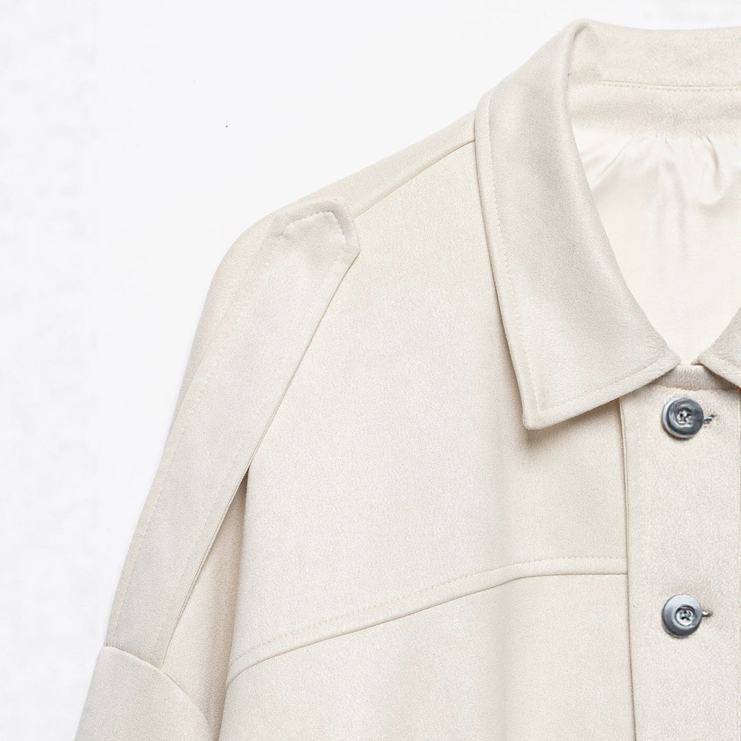 Women's Cropped Boxy Jacket made of velour look with shirt collar, wide raglan sleeves and drawstring Mune Fashion