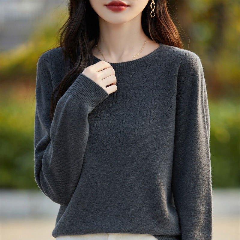 Women's Soft Round Neck Sweater in Cashmere Look with Fine Openwork Pattern and Snug Fit Mune Fashion